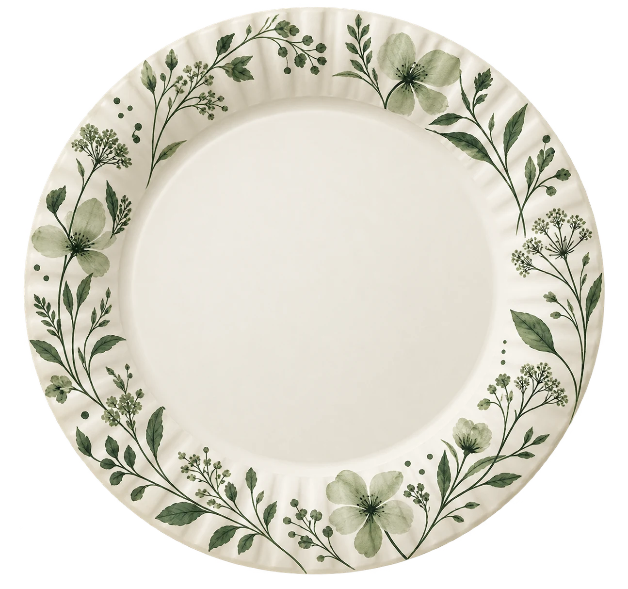 Original green botanical printed paper plate botanical concept for papluno; AI-generated illustration