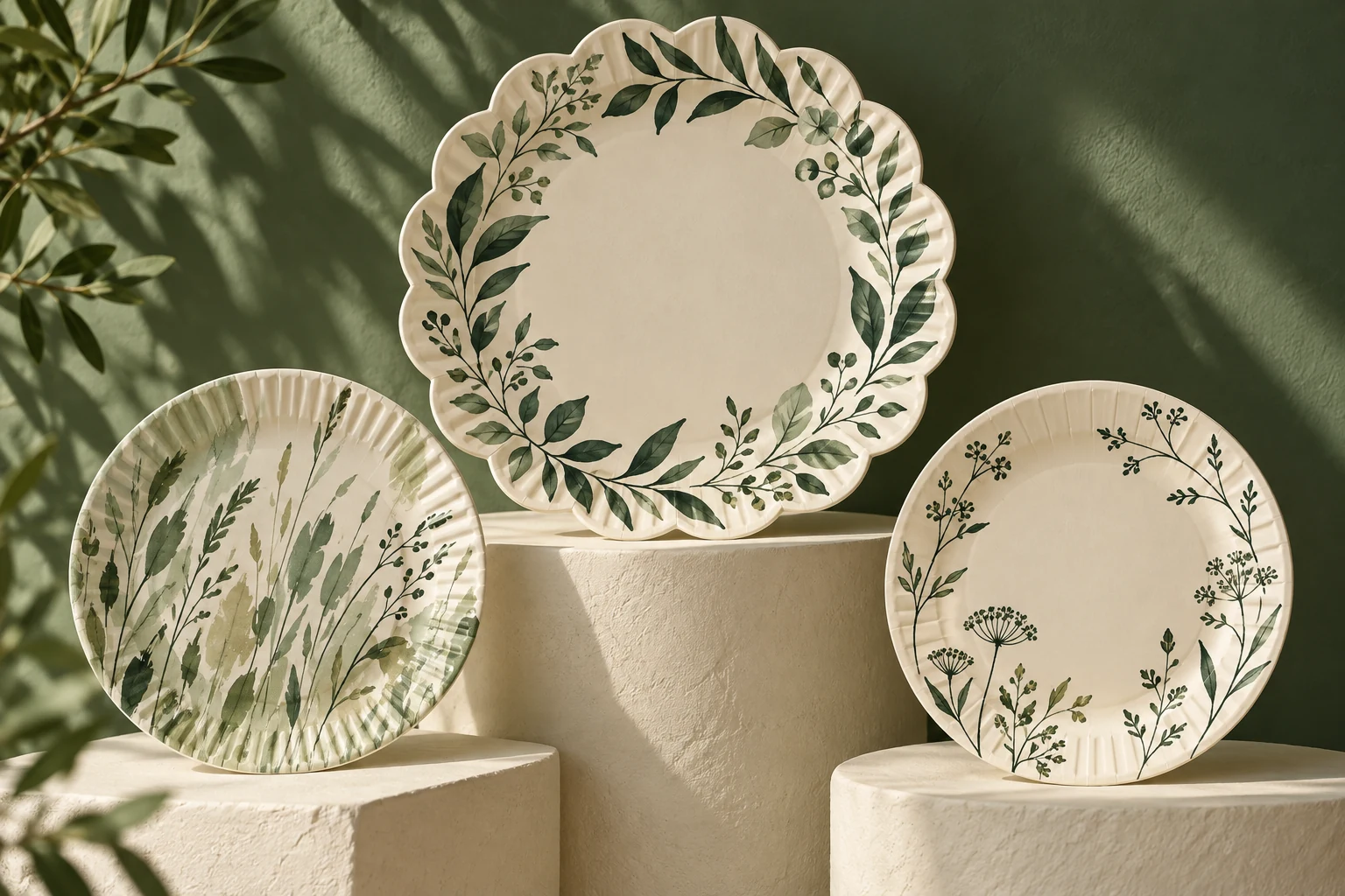 Original green botanical printed paper plate collection concept for papluno; AI-generated illustration