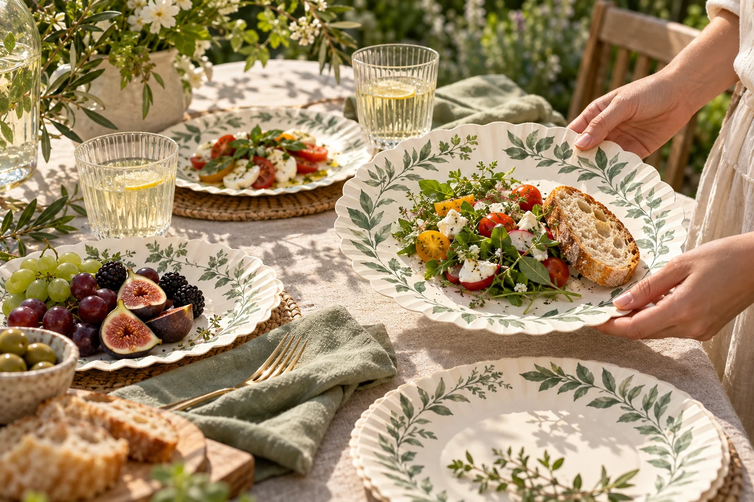 Original green botanical printed paper plate gathering concept for papluno; AI-generated illustration