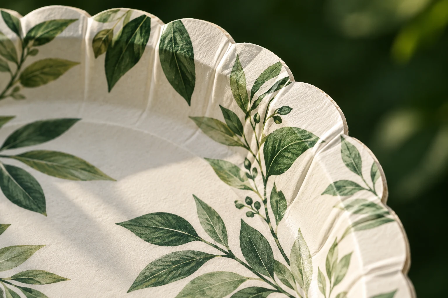 Original green botanical printed paper plate texture concept for papluno; AI-generated illustration